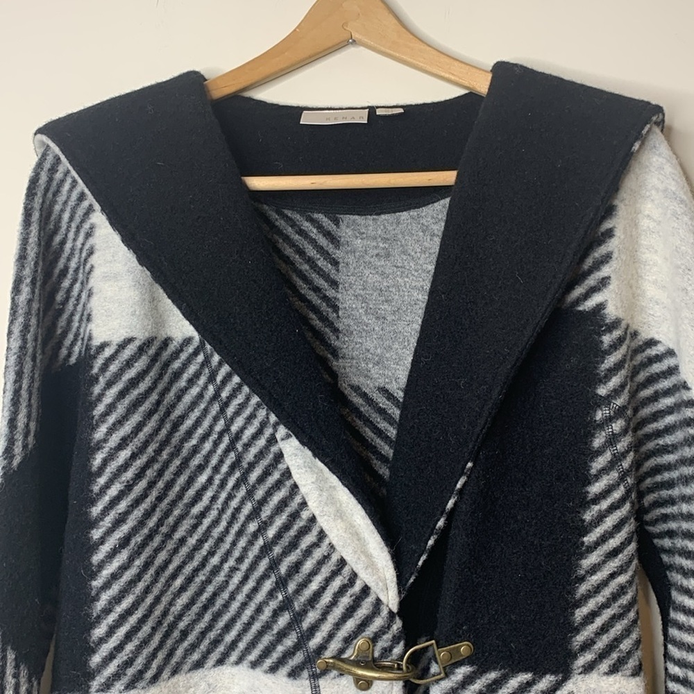 Kenar | Black White Wool Blend Color Pattern Block Hooded Cardigan Duster Coat S - Picture 9 of 16